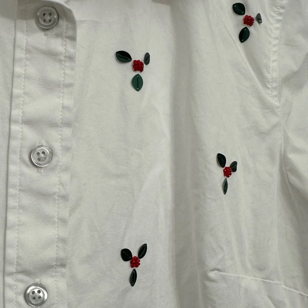 Talbots Women’s Button Down Shirt Small Sequin Holly Berry White Cotton Blouse - Picture 5 of 11